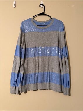 Old Navy Gray and Light Blue Striped Sequin Crewneck Sweater